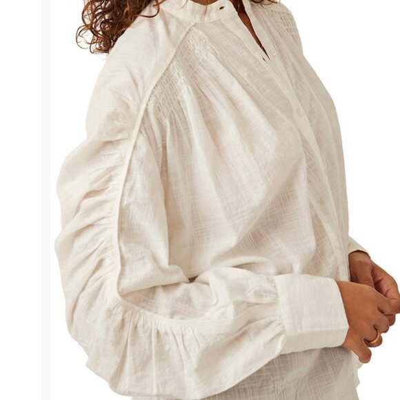Free People "Maraya Ruched Puff-Sleeve" Cotton Blouse - Picture 3 of 9